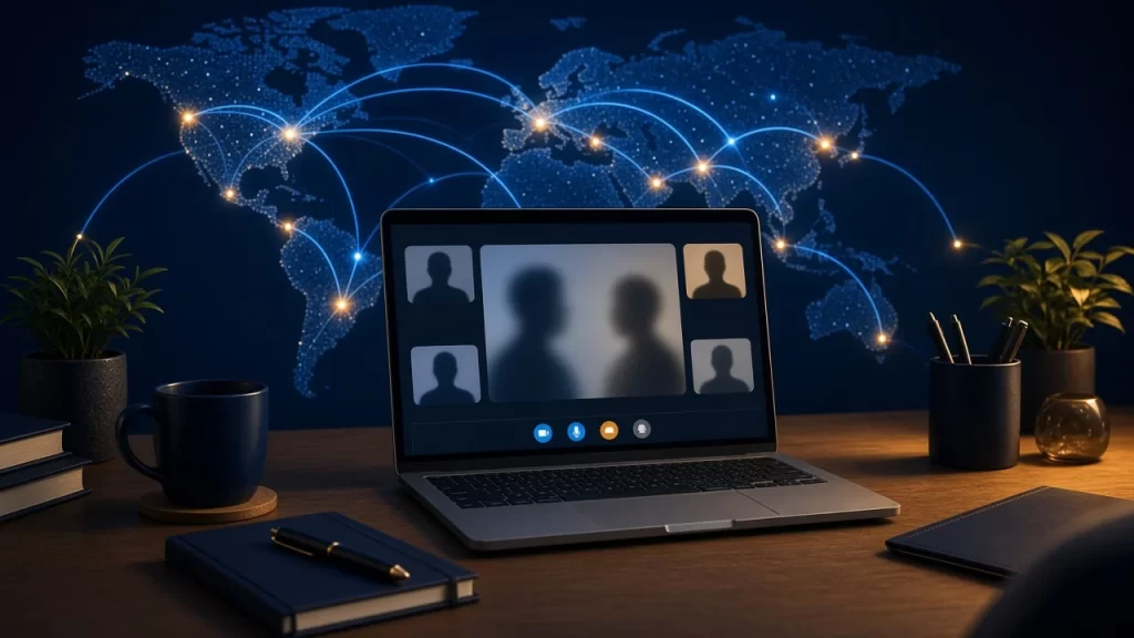 Portátil con videollamada de asesoría legal online y mapa mundial conectado, abogado de IA online en España y otros países