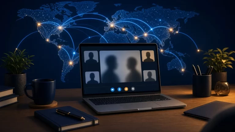 Portátil con videollamada de asesoría legal online y mapa mundial conectado, abogado de IA online en España y otros países