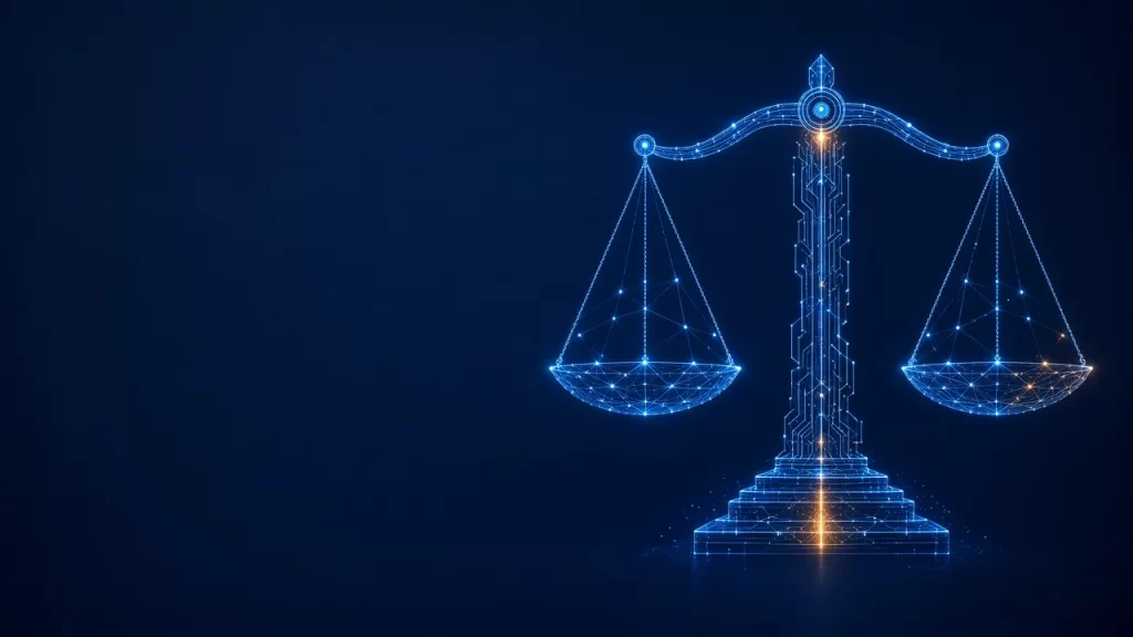 Ilustración conceptual de abogados especialistas en inteligencia artificial: balanza de la justicia digital sobre fondo azul tecnológico