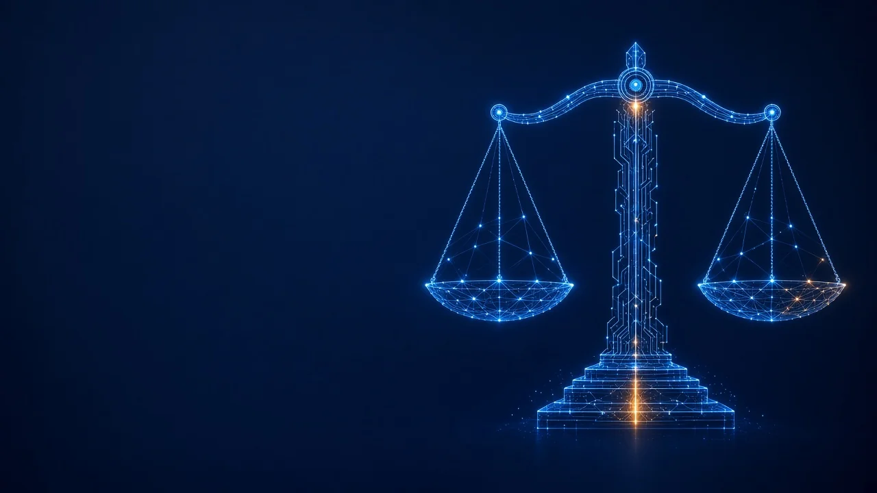 Ilustración conceptual de abogados especialistas en inteligencia artificial: balanza de la justicia digital sobre fondo azul tecnológico