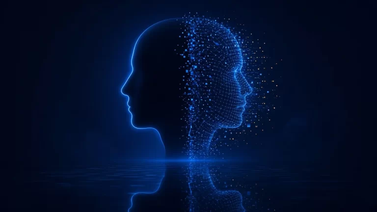 Silueta de rostro digital fragmentado en píxeles que representa un deepfake y la suplantación de identidad con IA