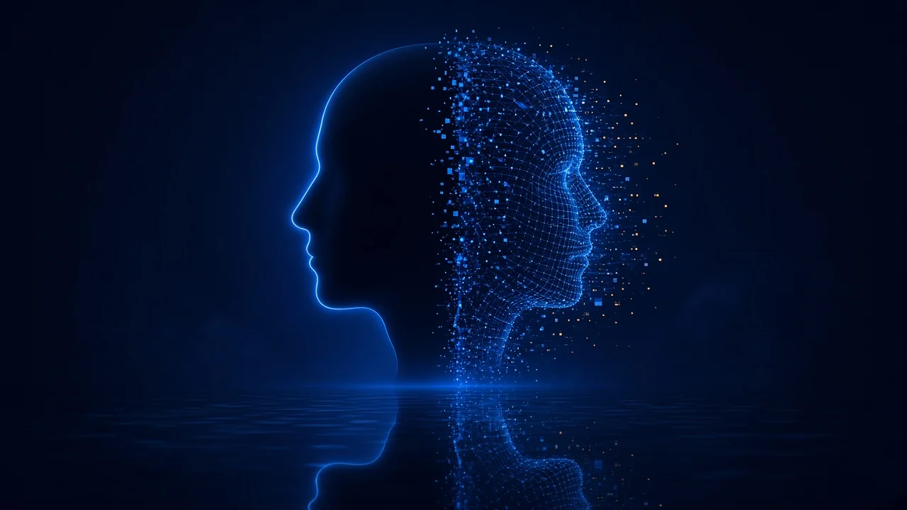 Silueta de rostro digital fragmentado en píxeles que representa un deepfake y la suplantación de identidad con IA