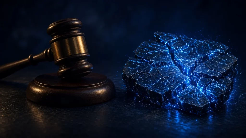 Mazo de juez junto a un bloque digital fracturado, delitos cometidos con inteligencia artificial y defensa penal