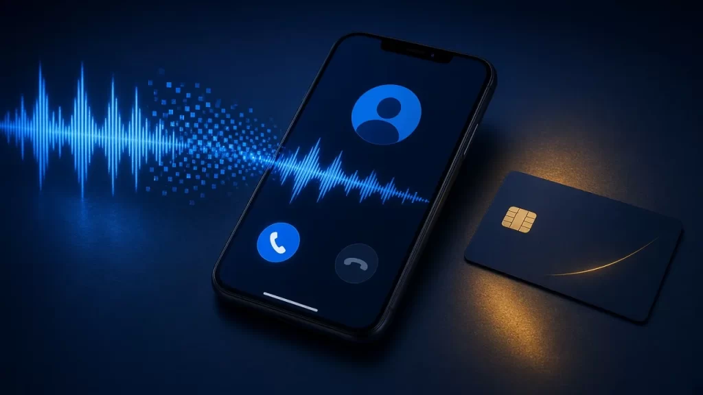 Móvil con llamada entrante y onda de voz clonada por inteligencia artificial junto a una tarjeta bancaria, estafa con IA