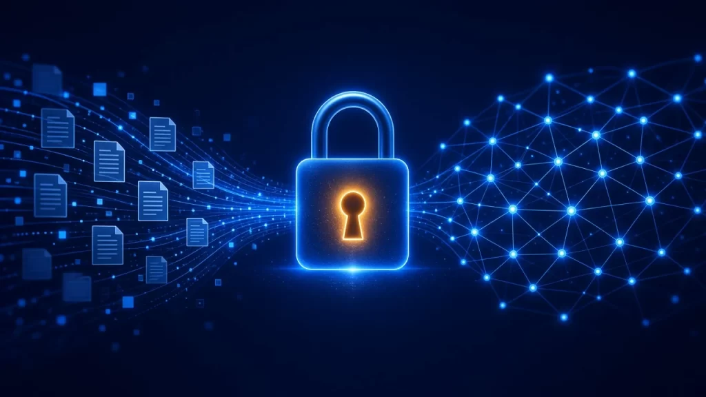 Candado digital que protege datos personales frente a una red de inteligencia artificial, RGPD e IA