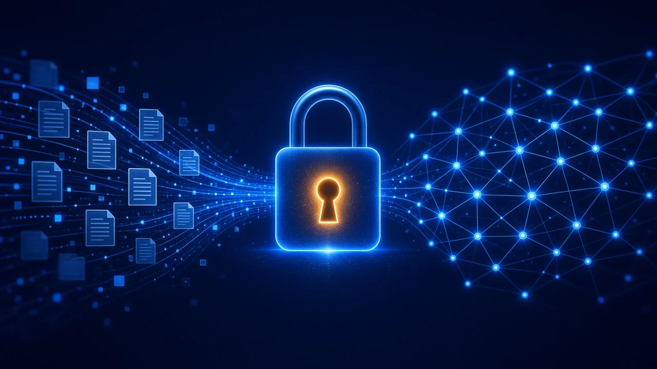 Candado digital que protege datos personales frente a una red de inteligencia artificial, RGPD e IA
