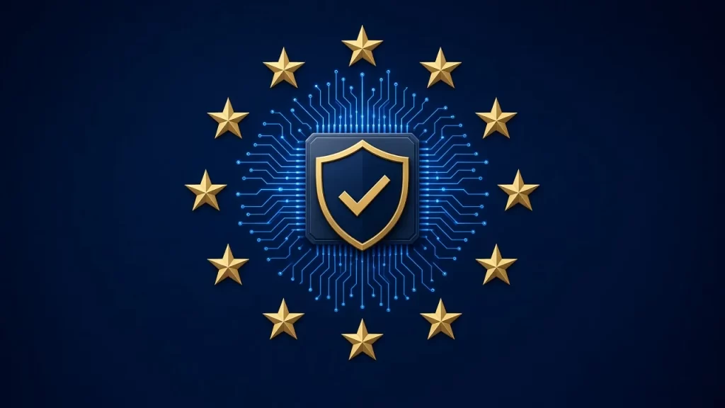 Escudo de cumplimiento normativo rodeado de estrellas de la Unión Europea, Reglamento europeo de IA (AI Act)