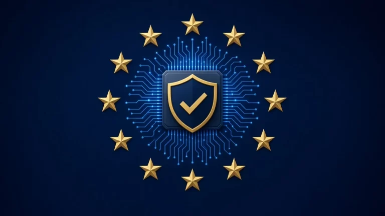 Escudo de cumplimiento normativo rodeado de estrellas de la Unión Europea, Reglamento europeo de IA (AI Act)