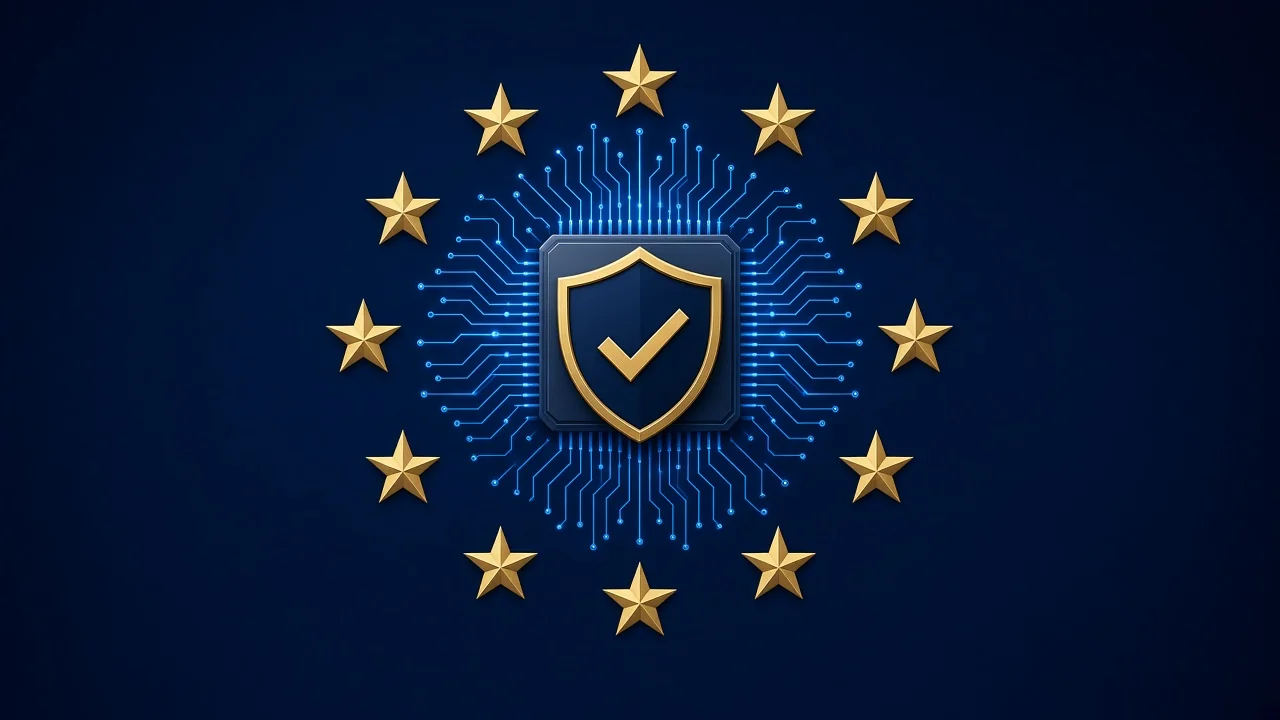 Escudo de cumplimiento normativo rodeado de estrellas de la Unión Europea, Reglamento europeo de IA (AI Act)