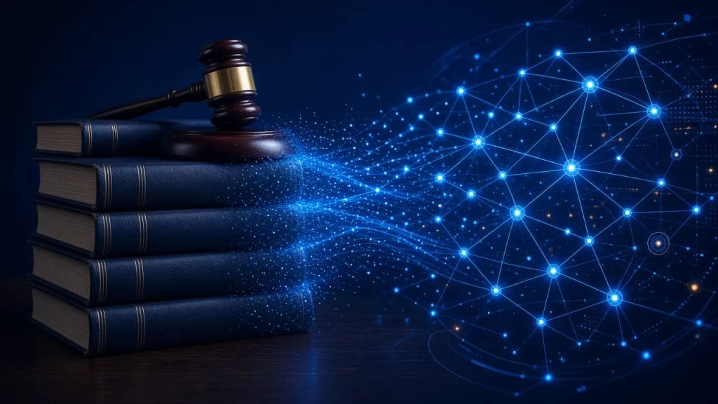 Mazo de juez y libros de derecho conectados a una red de inteligencia artificial, servicios legales en IA