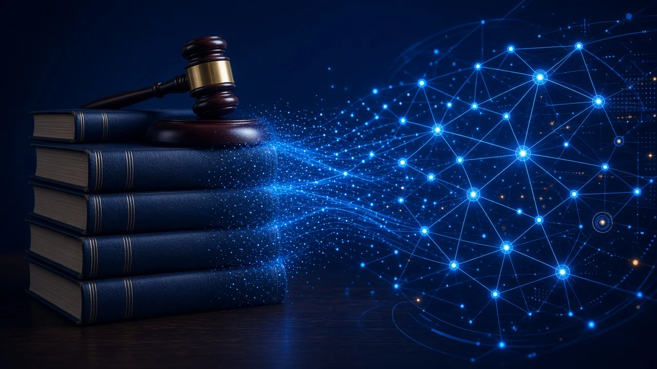 Mazo de juez y libros de derecho conectados a una red de inteligencia artificial, servicios legales en IA